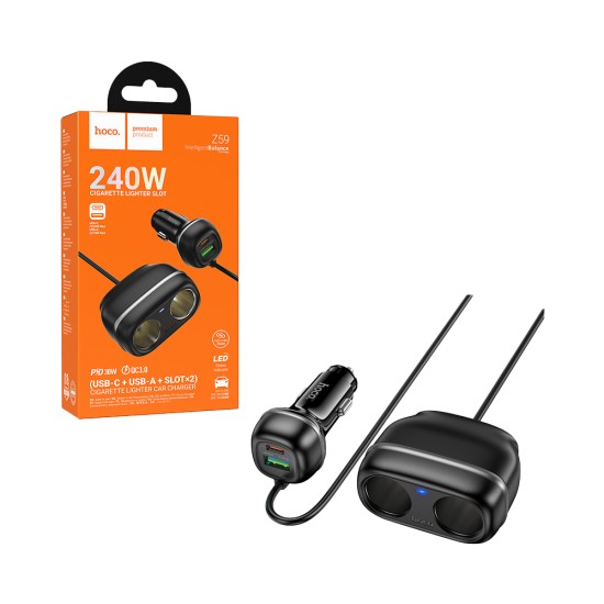 Hoco Car Charger Z59 Rank 2 Port USB+Type-C 48W with Dual Cigarette Lighter Black